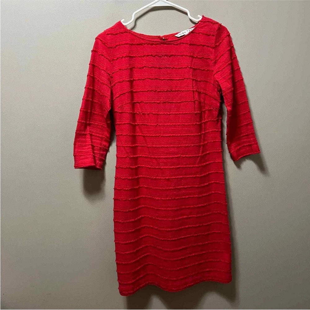 Trina Turk red fringe 3/4 sleeve boatneck dress
